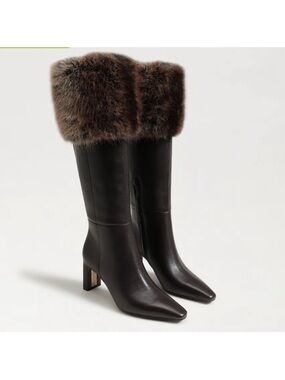 Sam Edelman Black Leather Knee-High Boots with Brown Fur Cuff